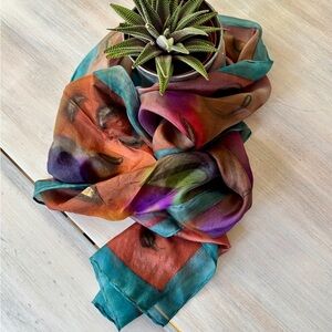 Hand‑Painted MultiColoured Silk Scarf in Teal, Lavender & Caramel. Size: 11x60”